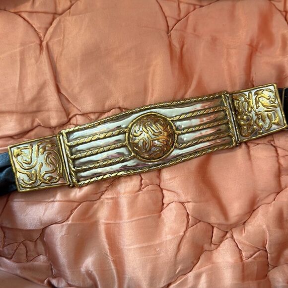 Unique Vintage 80s silver & gold statement belt with black leather band - Picture 1 of 9